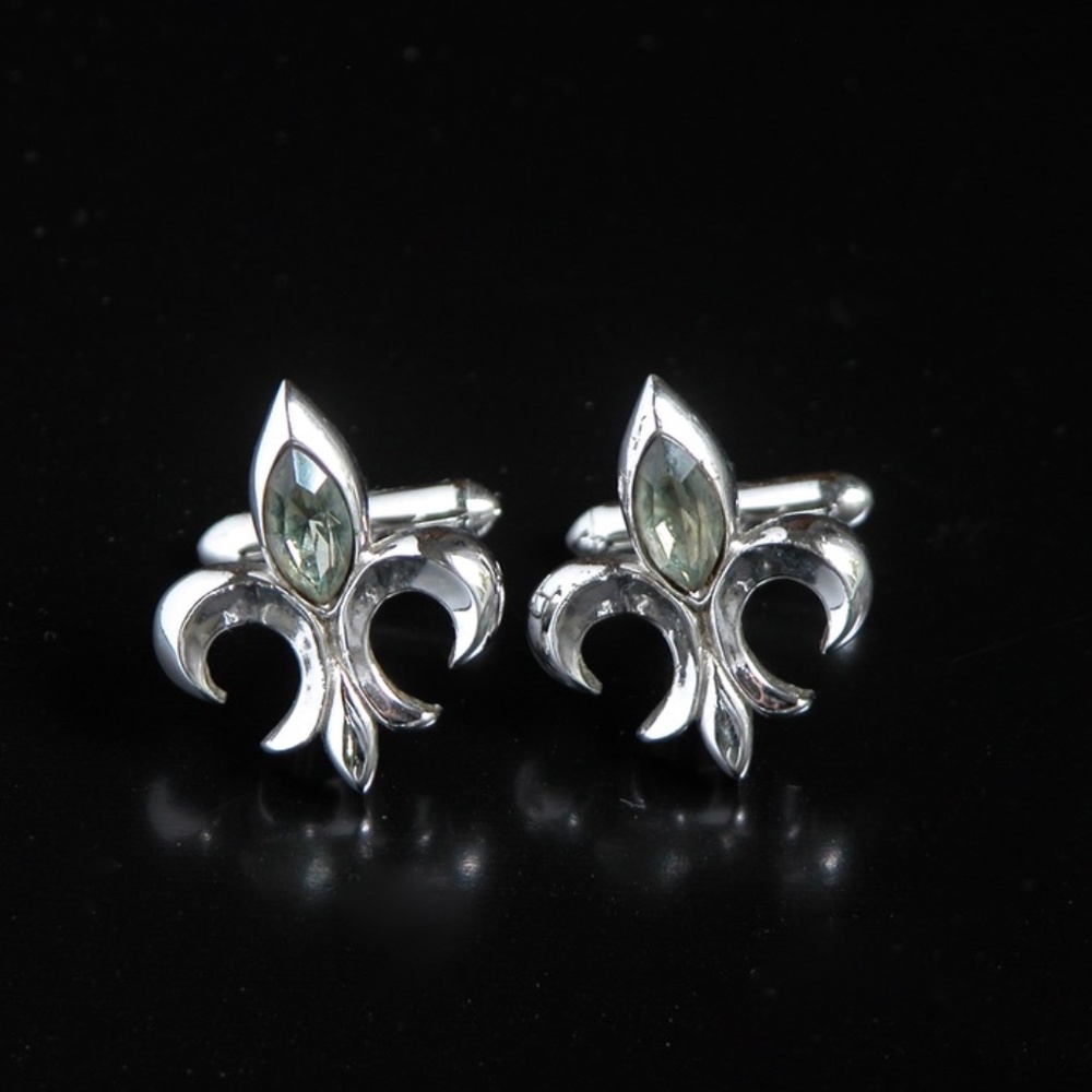 Vtg SWANK Jeweled Fleur De Lis Cufflinks Silver